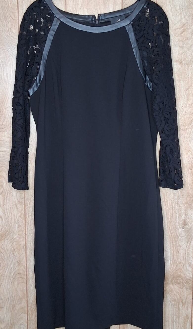 Adrianna Papell Black Dress 3/4 Length Lace Sleeve Faux Leather Trim Size 14